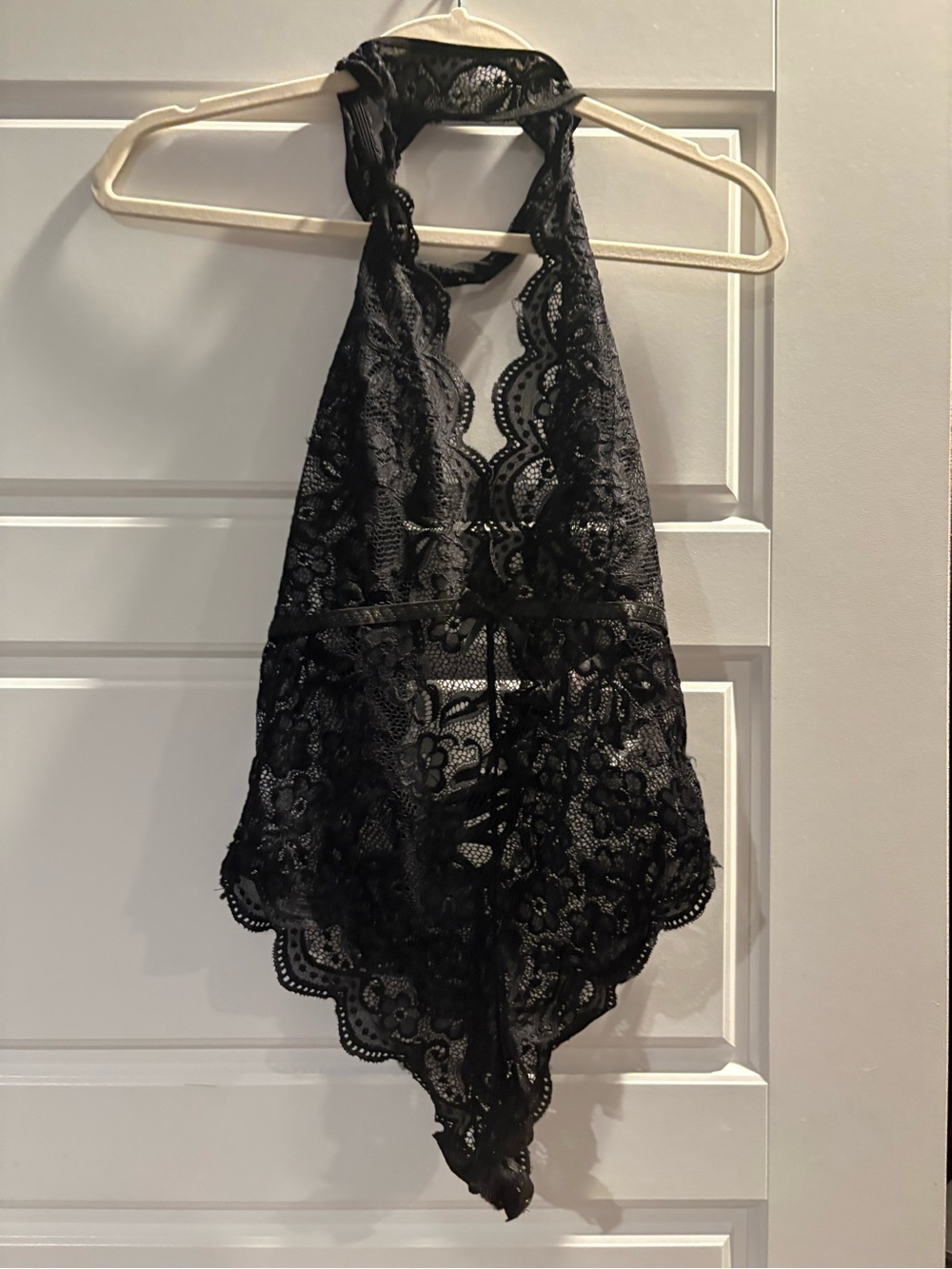 Sheer Lace Halter Teddy Bodysuit - Black